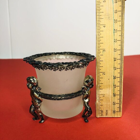 VTG Ormolu Ornate Cherubs Holding Opaline Bowl Small Flower Vase Candle Holder - Picture 5 of 12